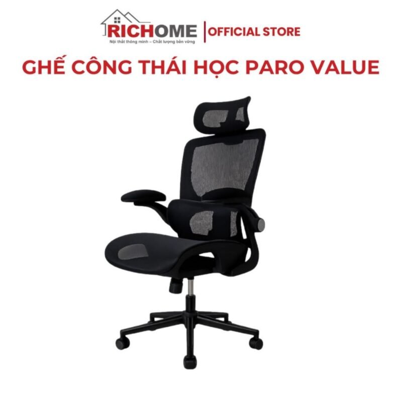 Ghế Công Thái Học PARO VALUE I-R-CH1480BK. Ghế Văn Phòng Lưng Lưới Cao Cấp Hỗ Trợ Cột Sống Tay Vịn Xoay 360 độ