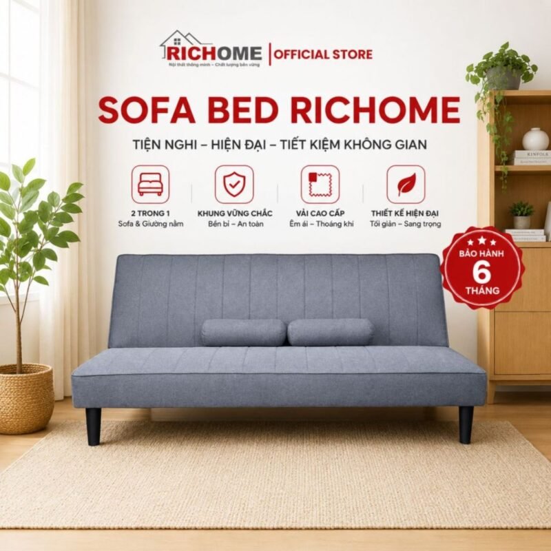 Ghế Sofa Giường (Sofa Bed) Đa Năng 1m9 Richome P-R-SF115GR - Khung Gỗ Sồi, Vải Lanh Thoáng Khí Cao Cấp (Tặng Kèm 2 Gối)