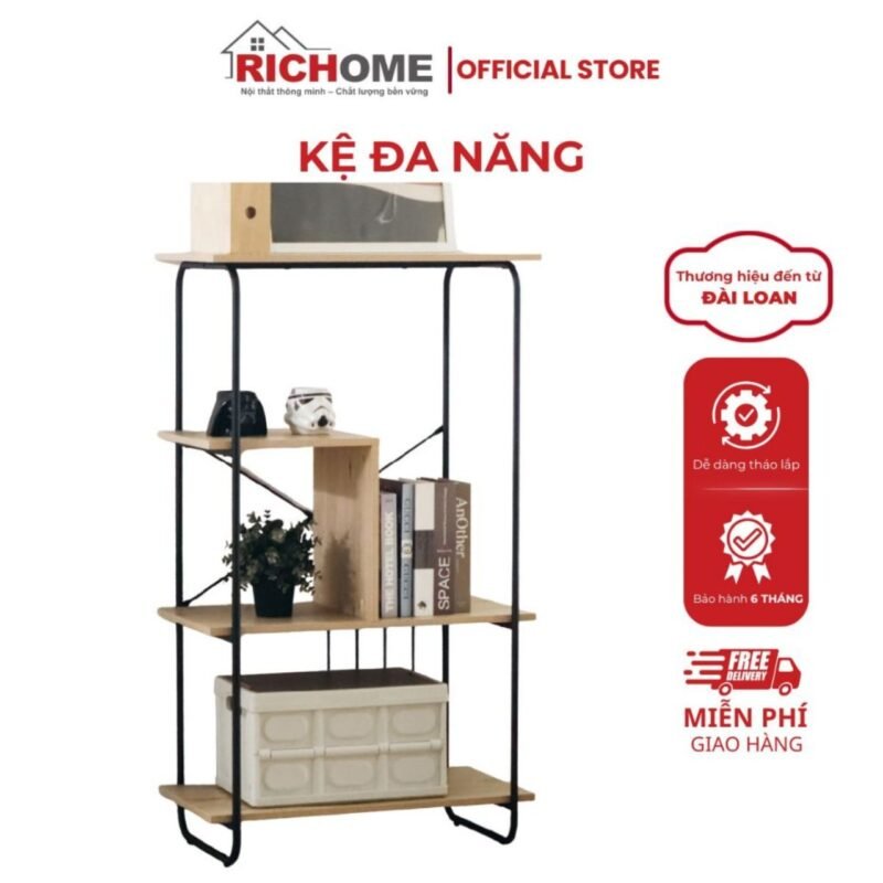 Kệ Đựng Đồ 4 Tầng RICHOME I-R-SH636 - Ván Gỗ E1 Chống Ẩm, Khung Sắt Chịu Lực Chữ X Chắc Chắn, Lắp Ráp Thông Minh