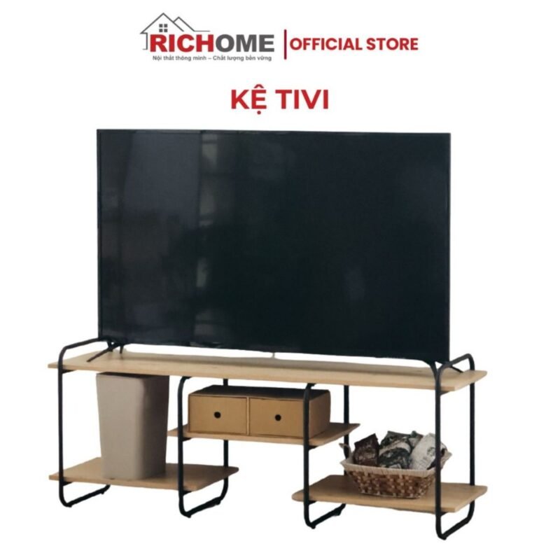 Kệ Tivi Gỗ Khung Sắt Tĩnh Điện Phong Cách Bắc Âu - Kệ Để Tivi Phòng Khách Hiện Đại Đa Năng, Gỗ E1 Chống Ẩm (140x40x55cm)