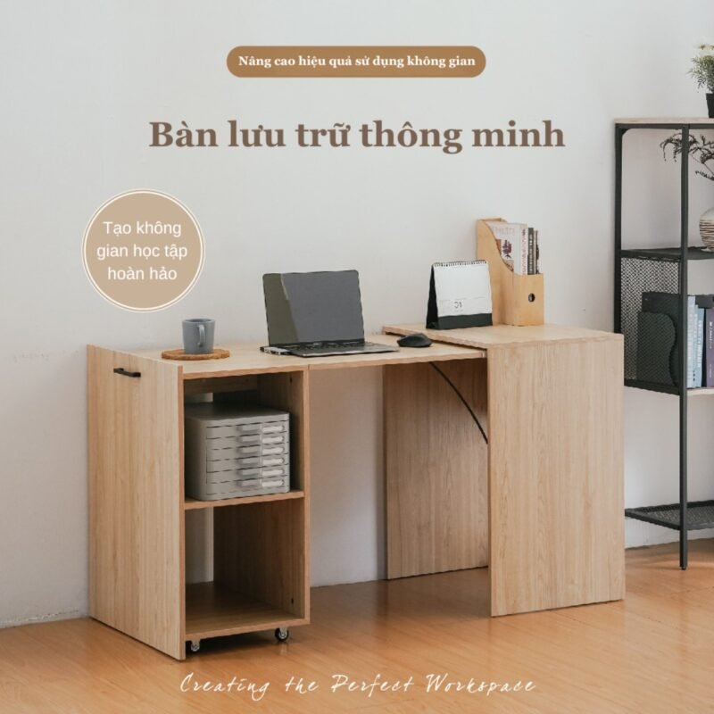 Bàn Làm Việc Gập Gọn Thông Minh B-R-DE317 - Bàn Học Gỗ E1 Phủ Melamine Cao Cấp, Có Bánh Xe Di Chuyển, Tiết Kiệm Diện Tích
